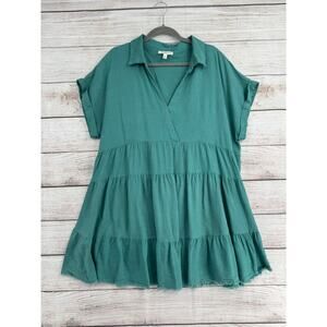 Umgee USA Linen Blend V-Neck Shirt Mini Dress Womens XL Green Rough Hem